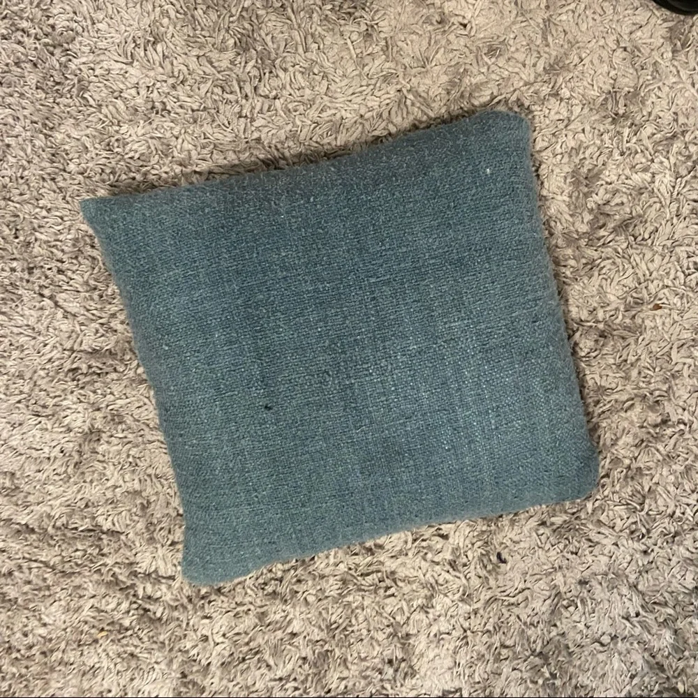 West Elm feather stuffed blue tweed pillow with wooden buttons